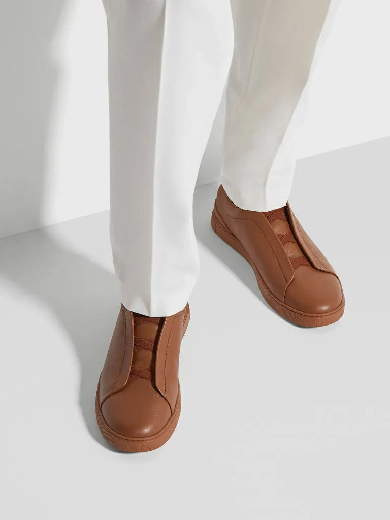 Triple Stitch Grained Leather Sneakers – Brown | Asterley Court