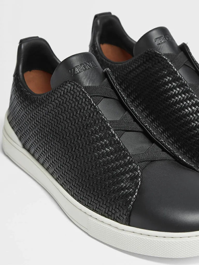 Triple Stitch Woven Leather Sneakers – Black | Asterley Court