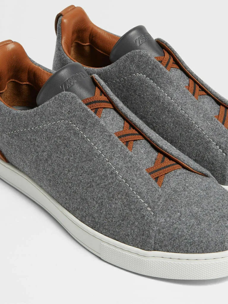 Triple Stitch Wool & Leather Sneakers – Grey / Brown | Asterley Court