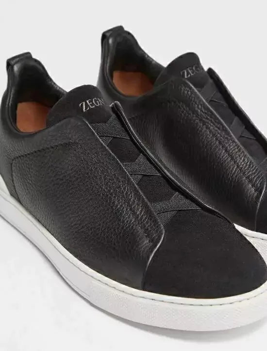 Triple Stitch Leather & Suede Sneakers – Black / White Sole | Asterley Court