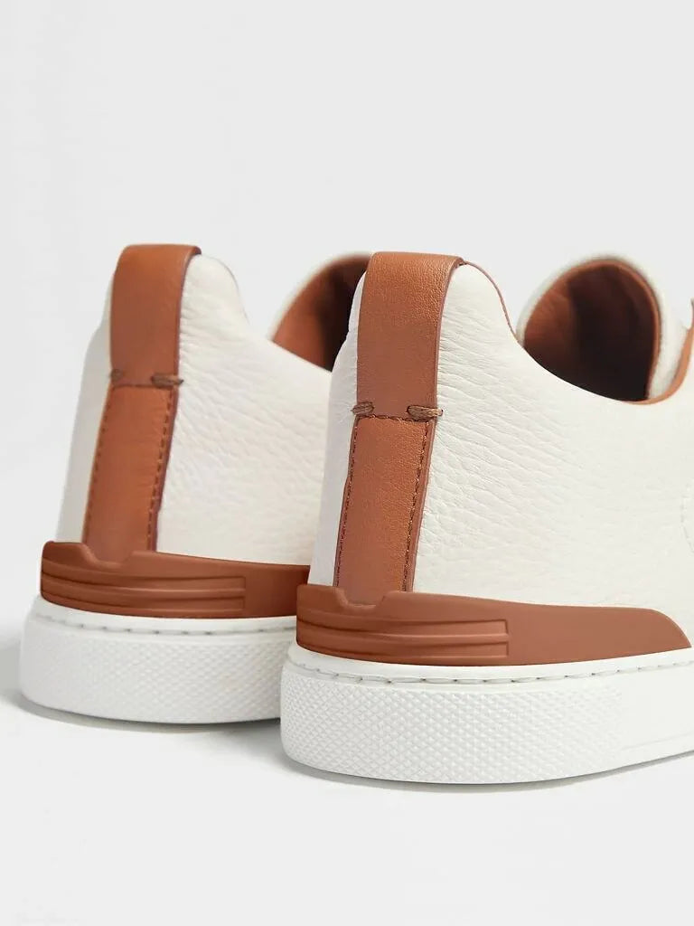 Triple Stitch Leather Sneakers – White / Brown | Asterley Court