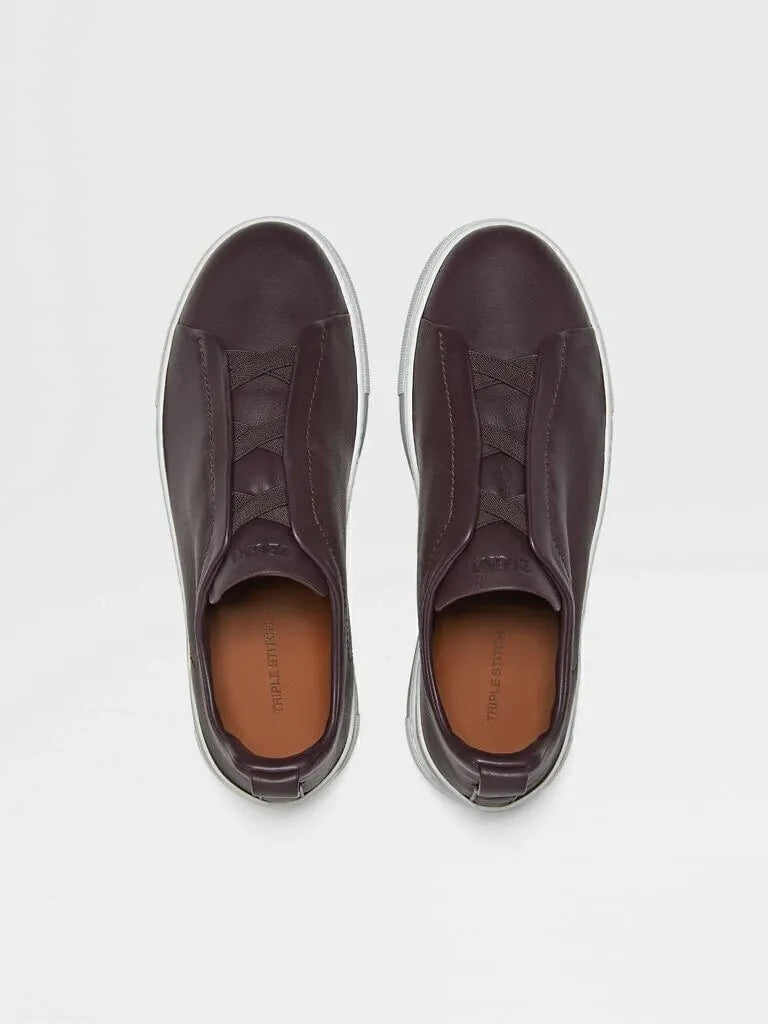 Triple Stitch Leather Sneakers – Burgundy | Asterley Court