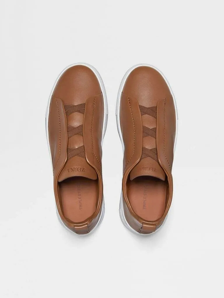 Triple Stitch Leather Sneakers – Tan | Asterley Court
