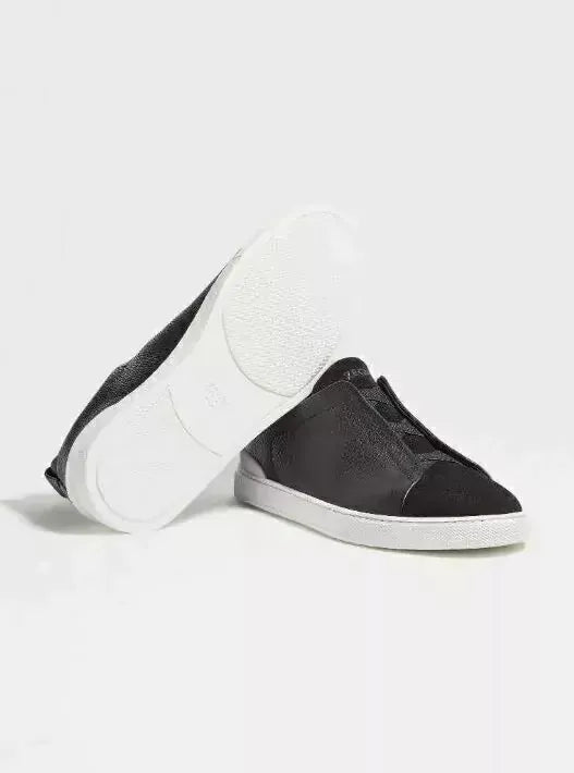 Triple Stitch Leather & Suede Sneakers – Black / White Sole | Asterley Court