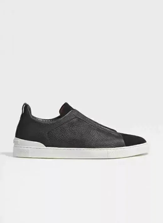 Triple Stitch Leather & Suede Sneakers – Black / White Sole | Asterley Court