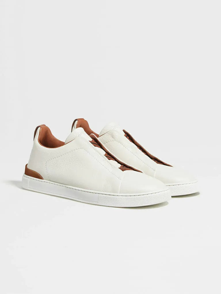 Triple Stitch Leather Sneakers – White / Brown | Asterley Court
