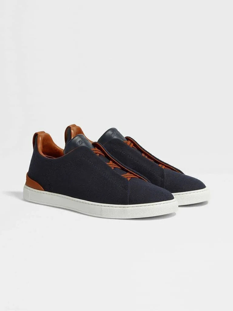 Triple Stitch Wool & Leather Sneakers – Navy / Brown | Asterley Court