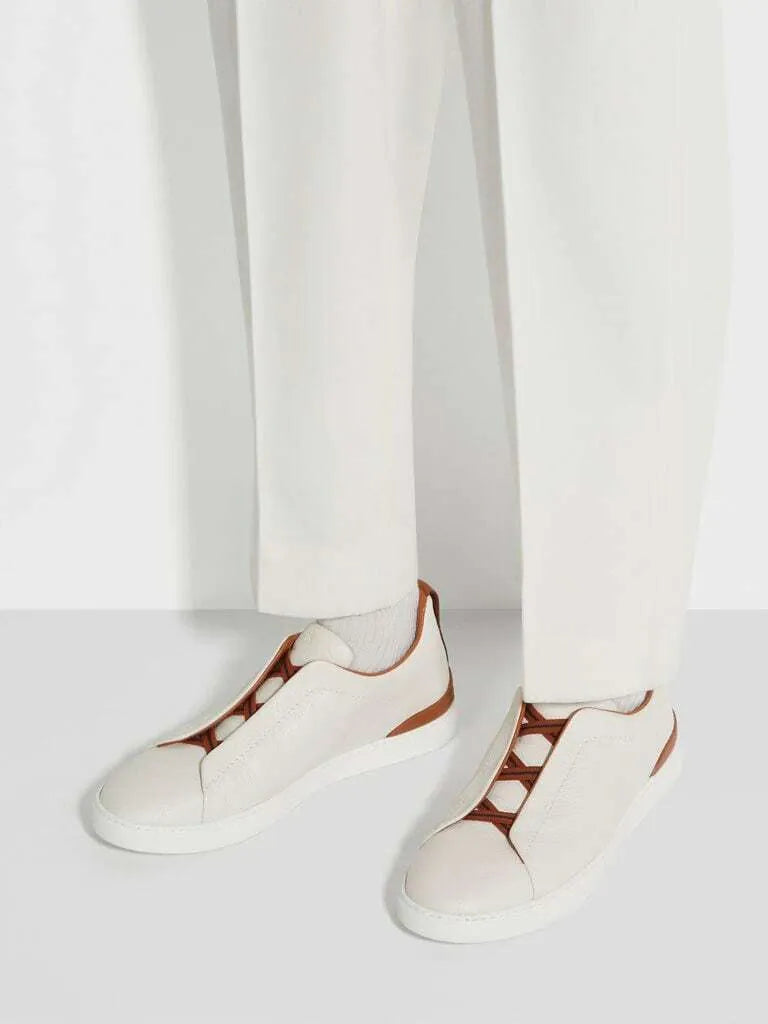Triple Stitch Leather Sneakers – White / Brown | Asterley Court