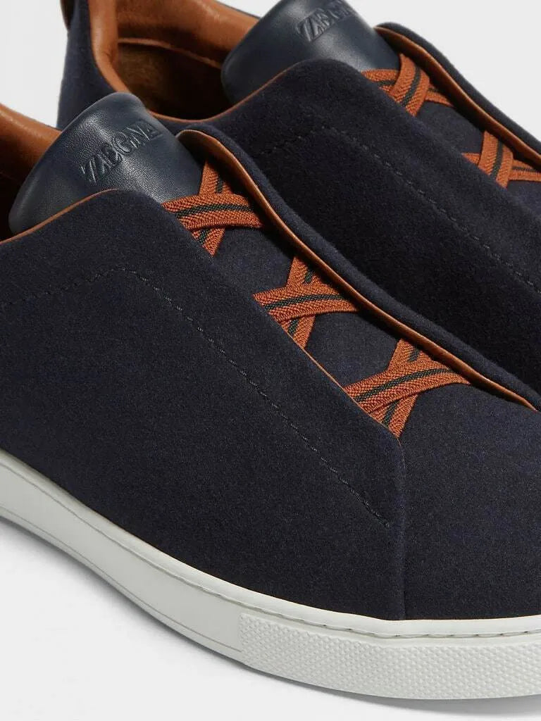 Triple Stitch Wool & Leather Sneakers – Navy / Brown | Asterley Court