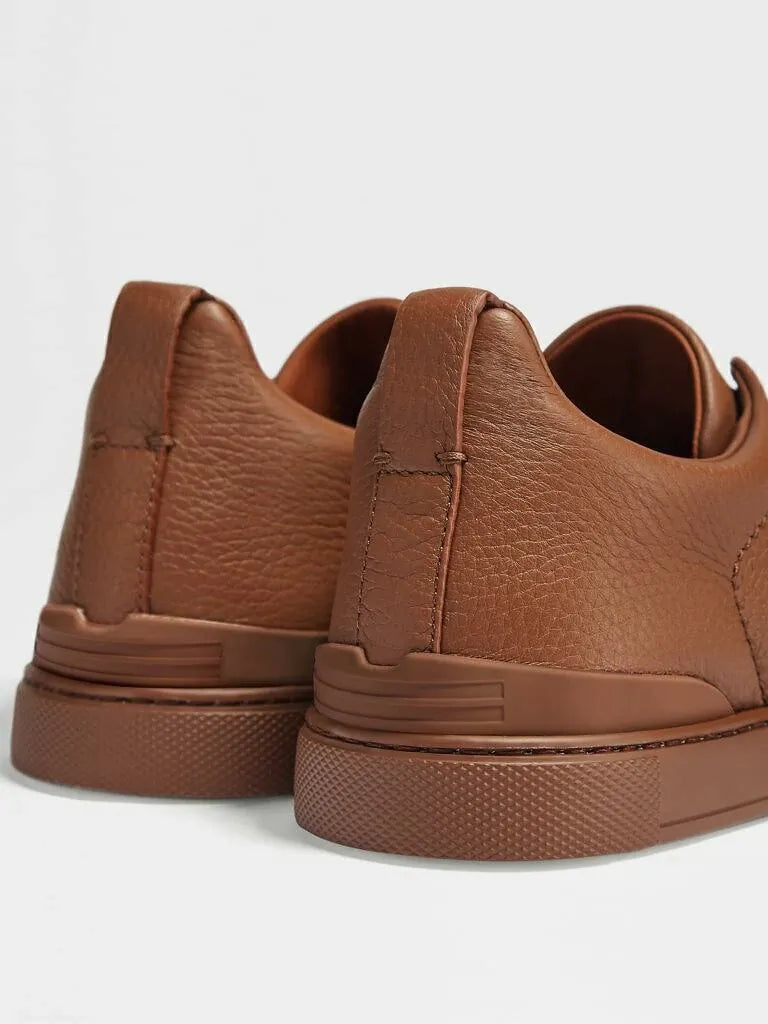 Triple Stitch Grained Leather Sneakers – Brown | Asterley Court