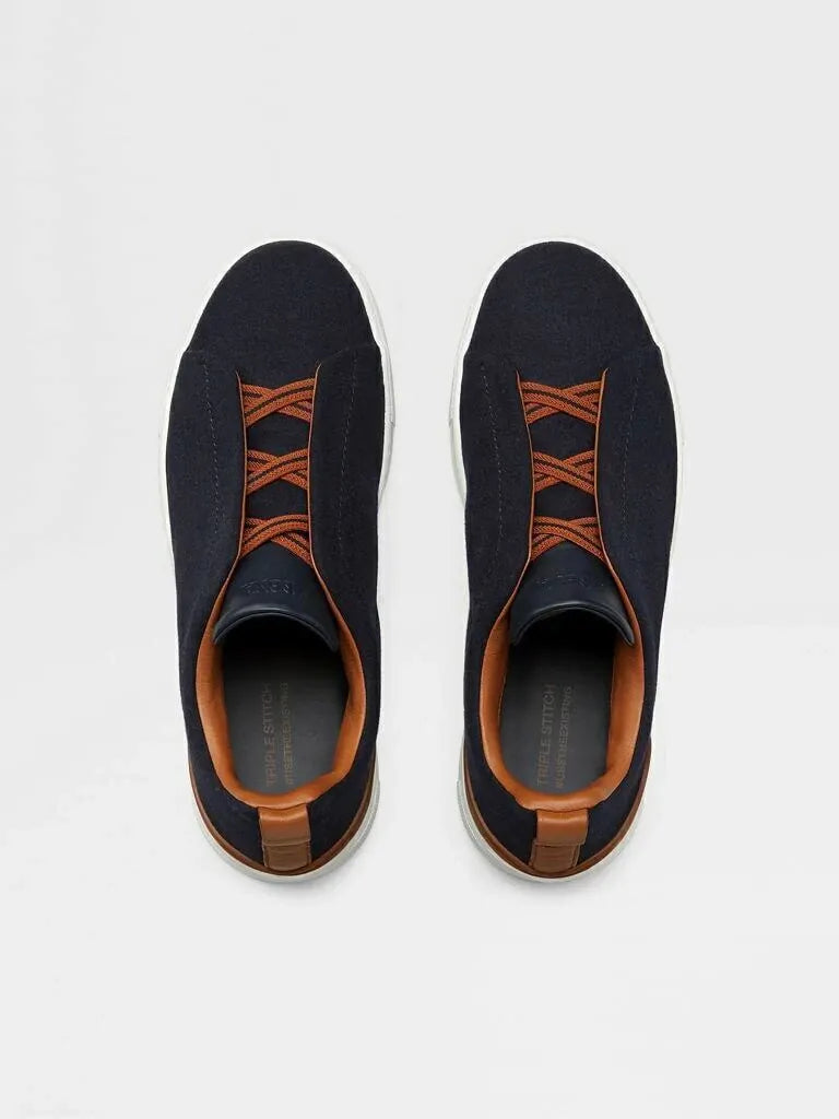 Triple Stitch Wool & Leather Sneakers – Navy / Brown | Asterley Court