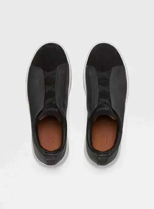 Triple Stitch Leather & Suede Sneakers – Black / White Sole | Asterley Court