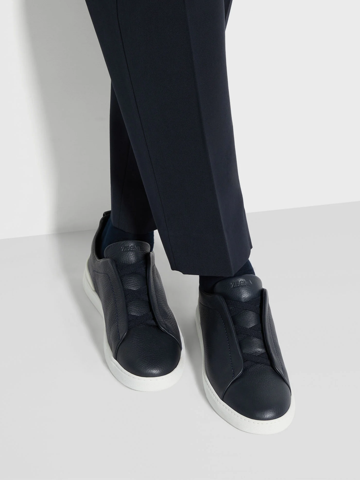 Triple Stitch Leather Sneakers – Navy | Asterley Court