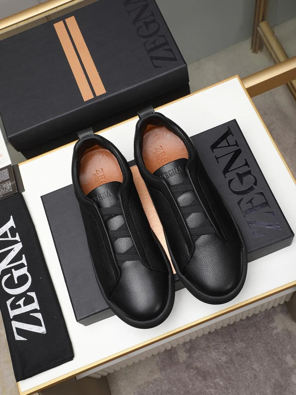 Triple Stitch Leather Sneakers – Black | Asterley Court