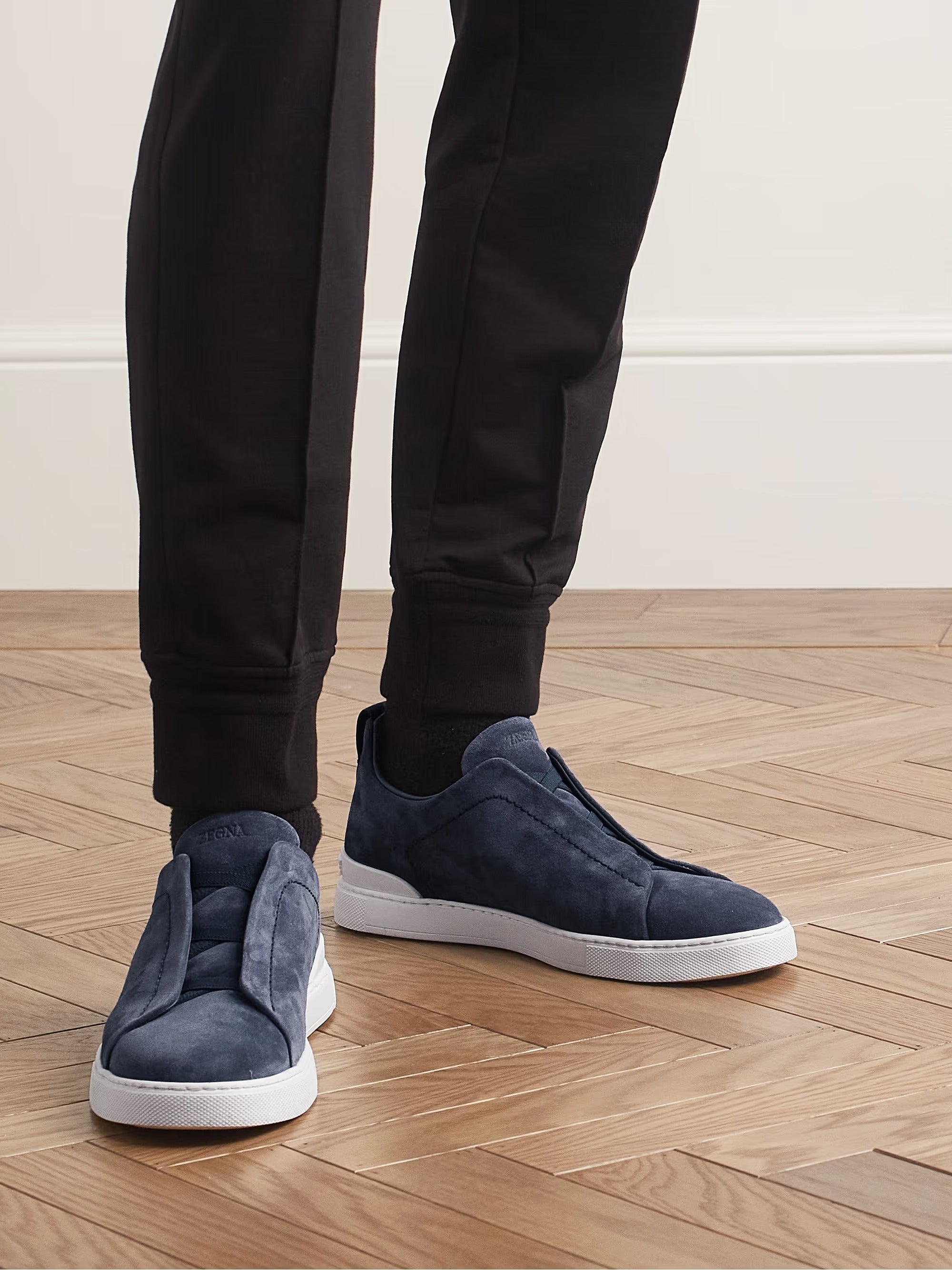 Triple Stitch Suede Slip-On Sneakers – Navy | Asterley Court