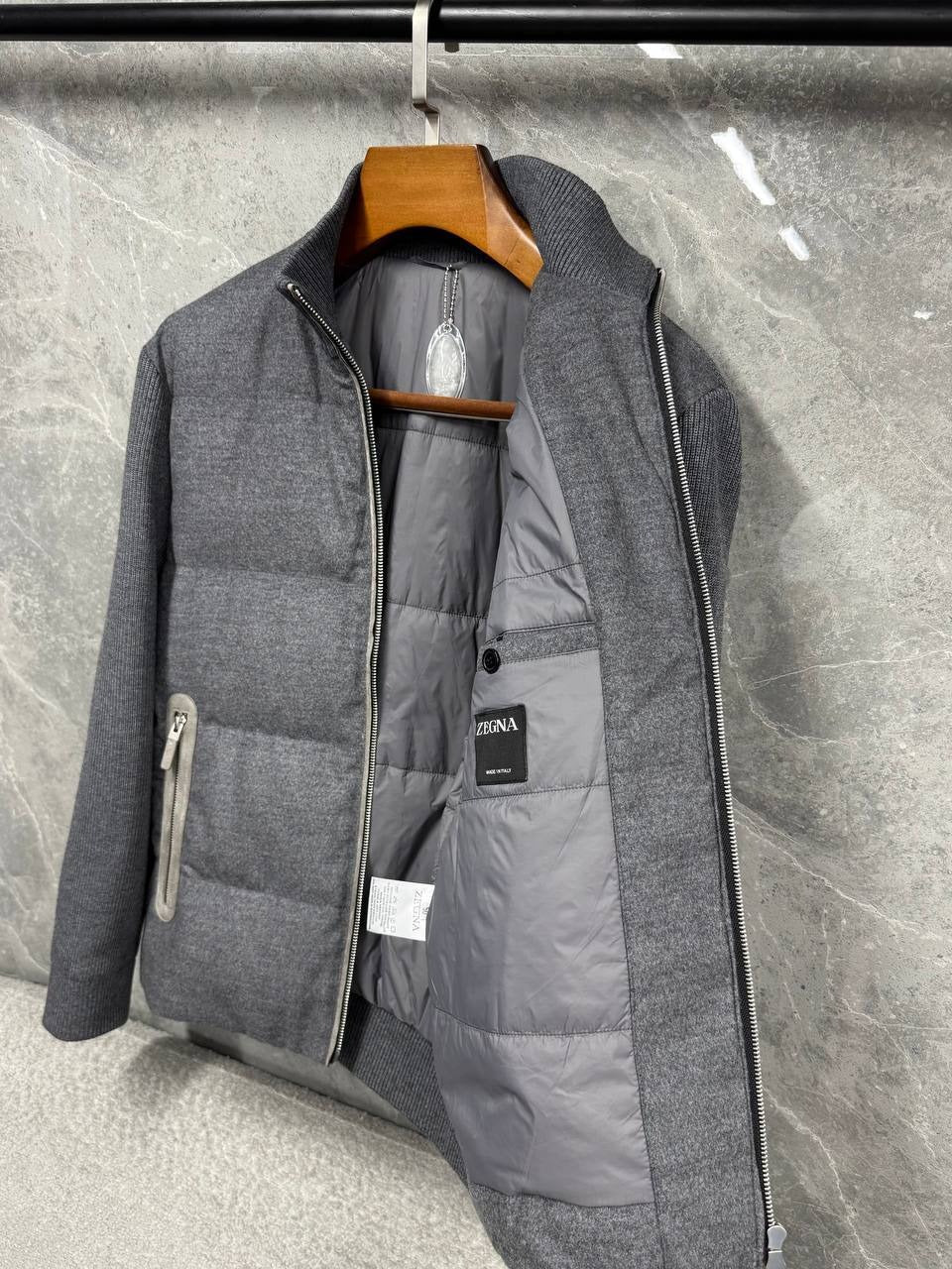 Wool Blend Quilted Jacket - Charcoal Grey