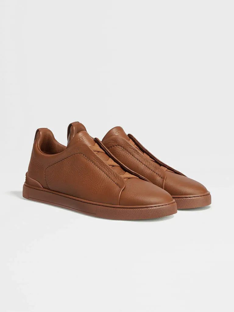 Triple Stitch Grained Leather Sneakers – Brown | Asterley Court