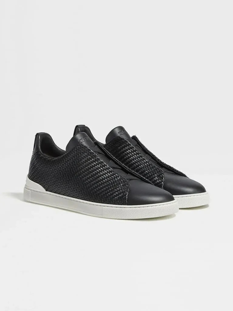 Triple Stitch Woven Leather Sneakers – Black | Asterley Court