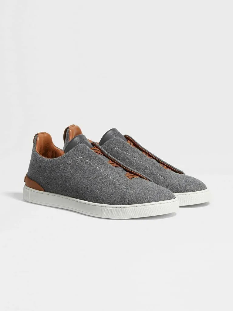 Triple Stitch Wool & Leather Sneakers – Grey / Brown | Asterley Court