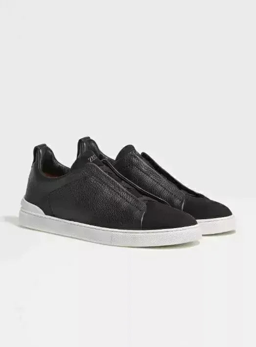 Triple Stitch Leather & Suede Sneakers – Black / White Sole | Asterley Court